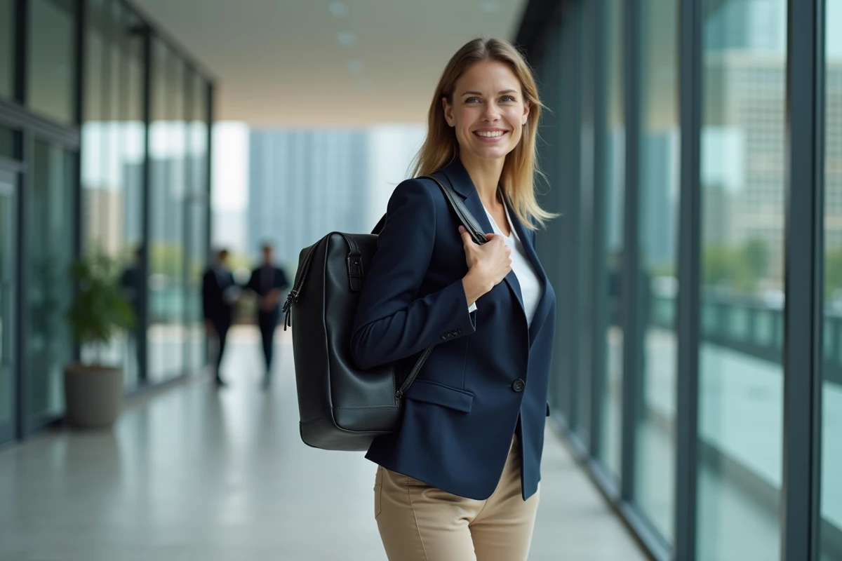 Femme professionnelle portant un sac à dos ordinateur en cuir noir dans un hall de bureau moderne