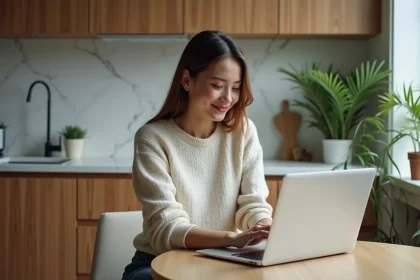 Jeune femme souriante utilisant un code promo sur son ordinateur