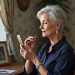Femme élégante de soixante ans appliquant du rouge à lèvres