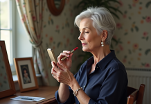 Femme élégante de soixante ans appliquant du rouge à lèvres