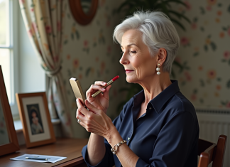 Femme élégante de soixante ans appliquant du rouge à lèvres