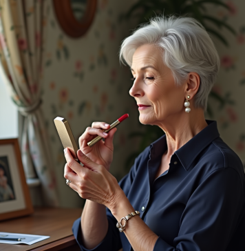 Femme élégante de soixante ans appliquant du rouge à lèvres