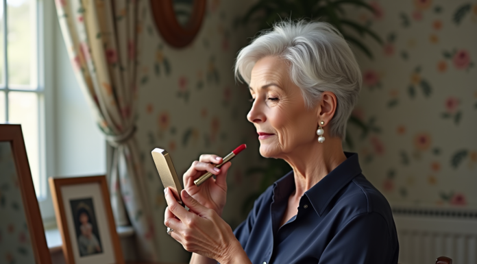 Femme élégante de soixante ans appliquant du rouge à lèvres