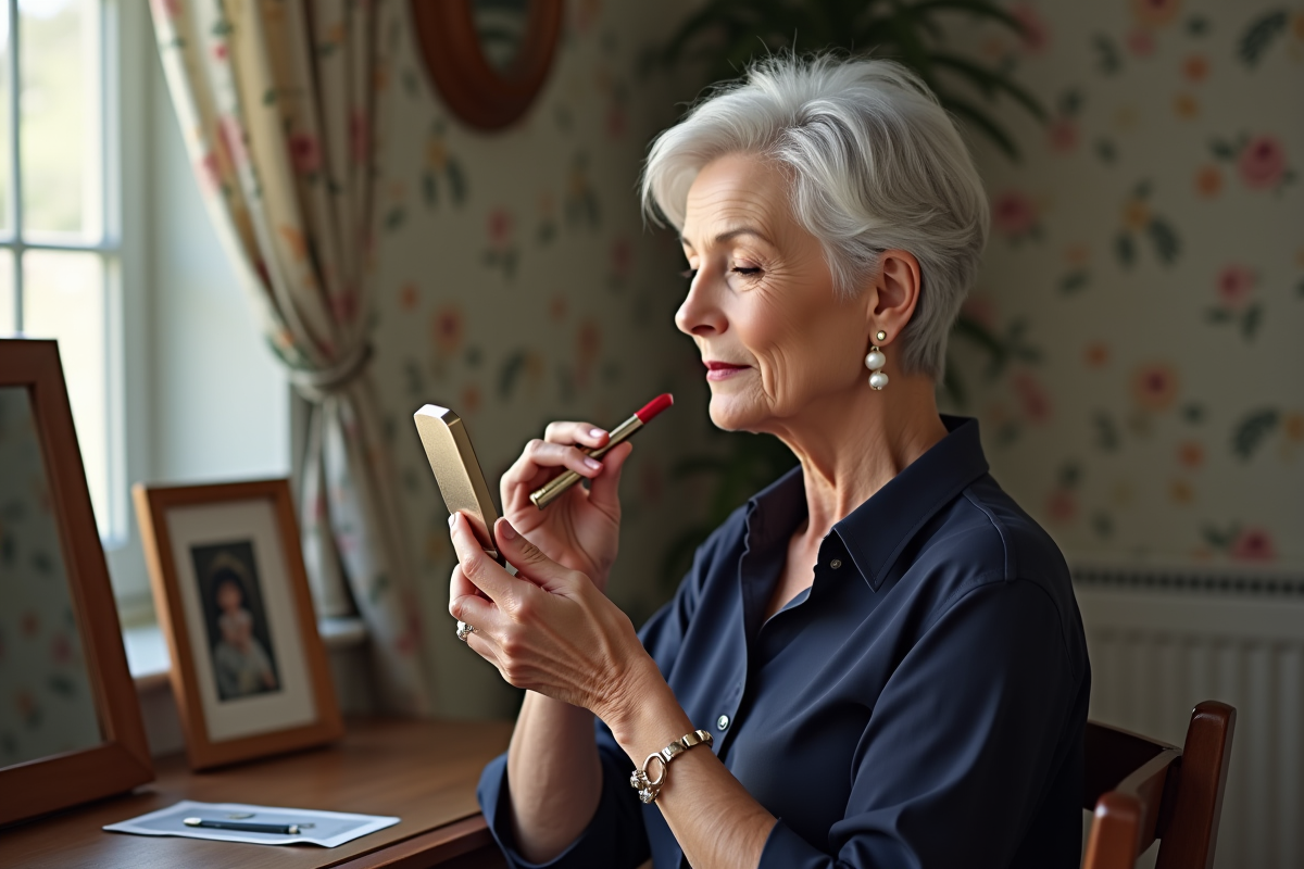 Femme élégante de soixante ans appliquant du rouge à lèvres