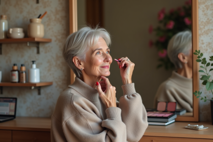 Femme élégante de 60 ans appliquant du rouge à lèvres dans son intérieur