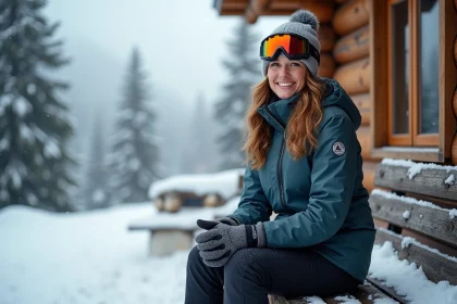 Femme souriante en tenue de ski dans un décor alpin enneige