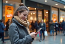 Black Friday : Date de début des soldes et conseils pour profiter Jeune femme souriante avec manteau hiver devant centre commercial
