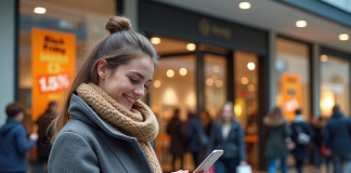 Black Friday : Date de début des soldes et conseils pour profiter Jeune femme souriante avec manteau hiver devant centre commercial