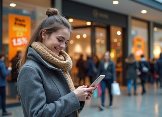 Black Friday : Date de début des soldes et conseils pour profiter Jeune femme souriante avec manteau hiver devant centre commercial