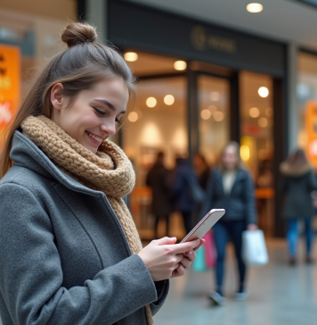 Black Friday : Date de début des soldes et conseils pour profiter Jeune femme souriante avec manteau hiver devant centre commercial