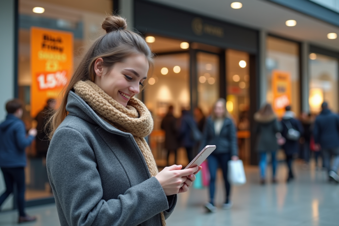 femme-smartphone-black-friday Jeune femme souriante avec manteau hiver devant centre commercial
