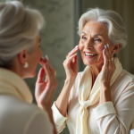 Femme élégante appliquant une crème visage