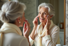 Femme élégante appliquant une crème visage
