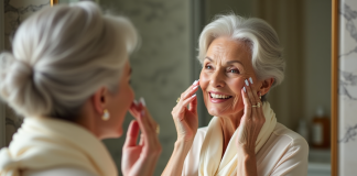 Femme élégante appliquant une crème visage