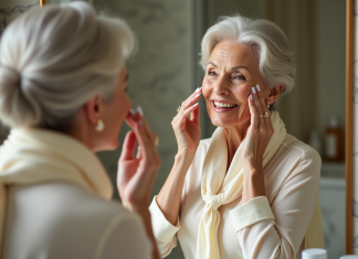 Femme élégante appliquant une crème visage
