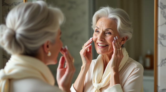 Femme élégante appliquant une crème visage