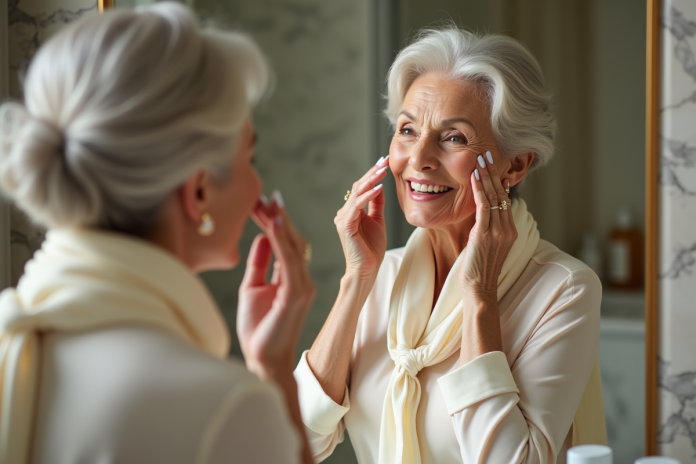 Femme élégante appliquant une crème visage