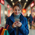 Femme souriante avec sacs de shopping devant un grand magasin