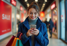 Femme souriante avec sacs de shopping devant un grand magasin