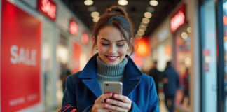 Femme souriante avec sacs de shopping devant un grand magasin