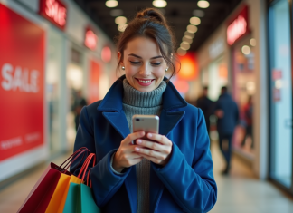 Femme souriante avec sacs de shopping devant un grand magasin