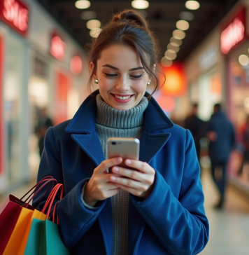 Femme souriante avec sacs de shopping devant un grand magasin