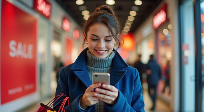 Femme souriante avec sacs de shopping devant un grand magasin