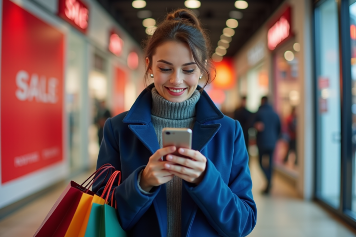 femme-souriante-shopping-bags Femme souriante avec sacs de shopping devant un grand magasin
