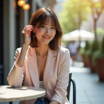 Femme élégante avec coupe bob dans un café en plein air