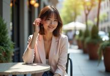 Femme élégante avec coupe bob dans un café en plein air