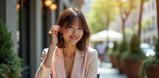 Femme élégante avec coupe bob dans un café en plein air
