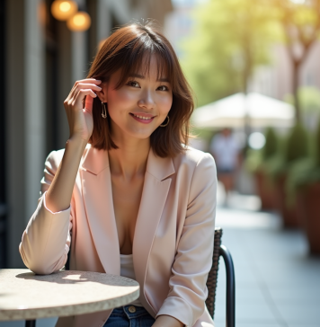 Tendances coupes de cheveux 2025 : conseils et inspirations Femme élégante avec coupe bob dans un café en plein air