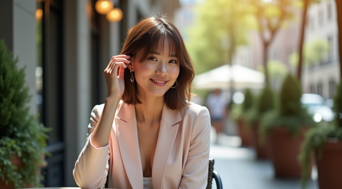Femme élégante avec coupe bob dans un café en plein air