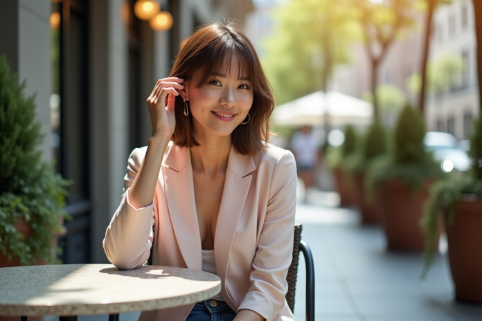 Femme élégante avec coupe bob dans un café en plein air
