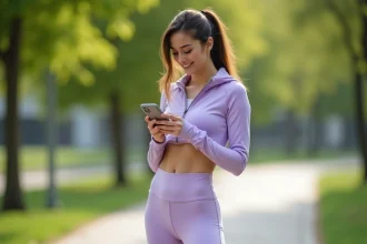 Jeune femme portant une tenue de sport Halara lavande dans un parc urbain, scrollant sur son téléphone avec un sourire naturel