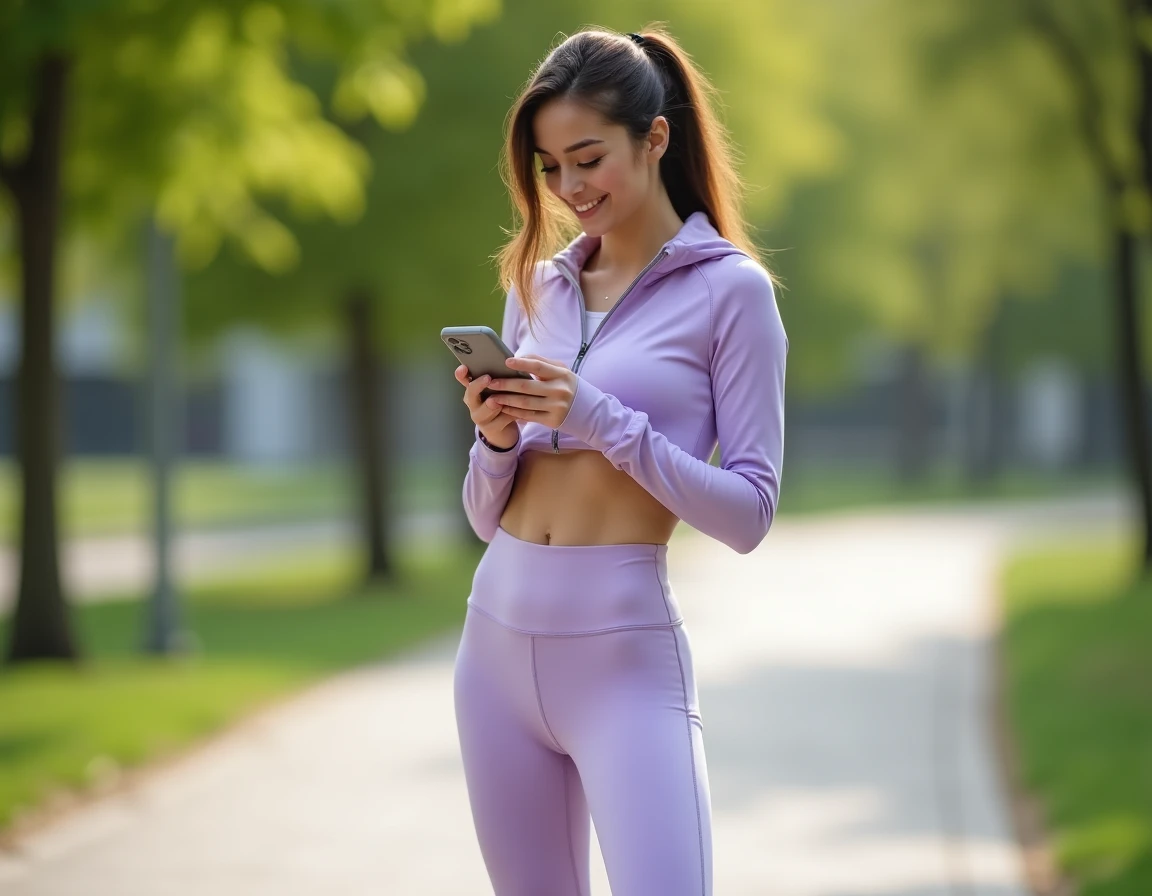 Jeune femme portant une tenue de sport Halara lavande dans un parc urbain, scrollant sur son téléphone avec un sourire naturel