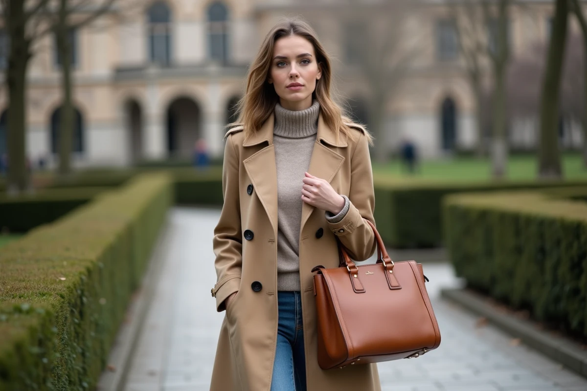 Femme élégante en trench beige dans un parc urbain