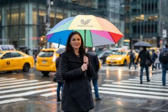 Femme d'affaires souriante avec parapluie dans la ville