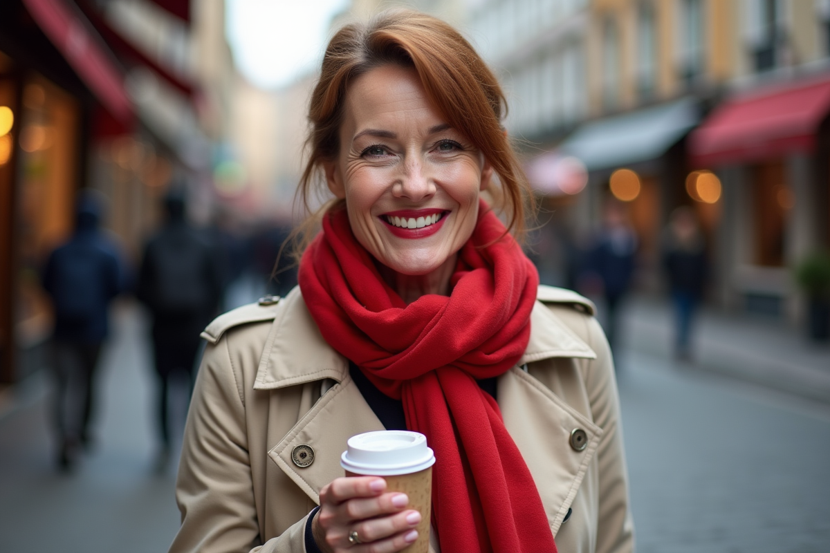 Femme active avec rouge à lèvres rouge dans une rue urbaine