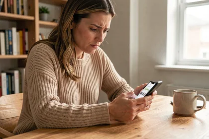 Femme consultant les ventes privées 2026 sur smartphone à son bureau à domicile