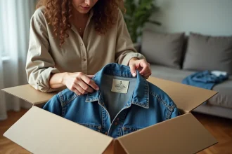 Femme inspectant une veste en jean d'occasion achetée sur une friperie en ligne, vérifiant l'état et l'authenticité du vêtement