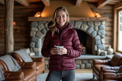 Femme élégante en veste de ski haut de gamme bordeaux dans un chalet alpin luxueux avec cheminée en pierre