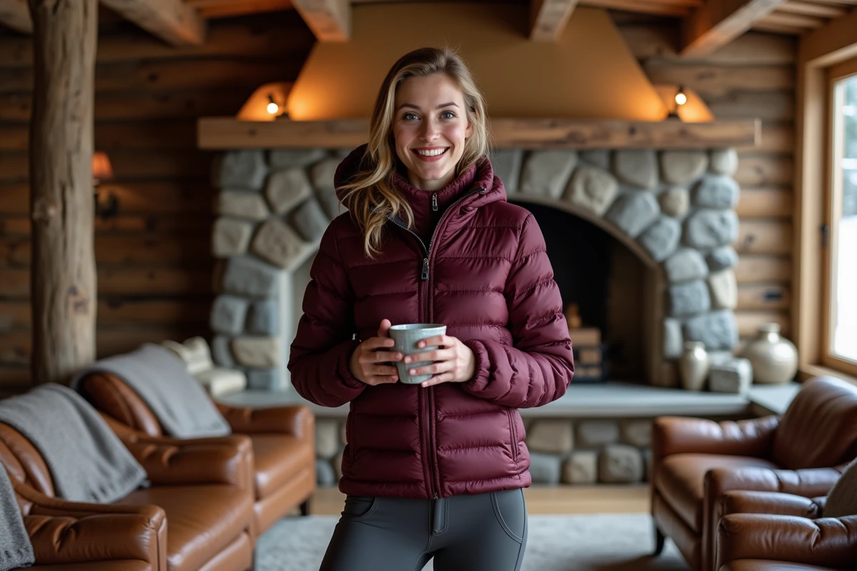 Femme élégante en veste de ski haut de gamme bordeaux dans un chalet alpin luxueux avec cheminée en pierre
