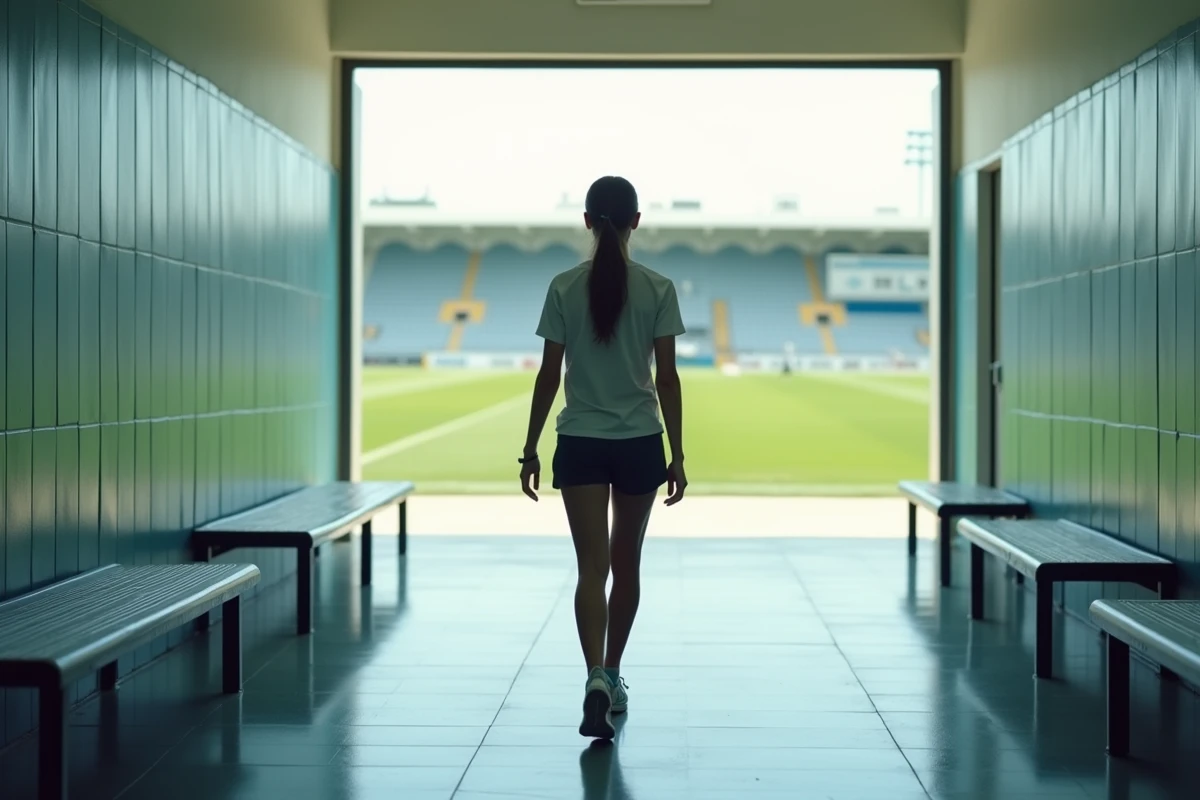 Femme en tenue minimaliste sortant du vestiaire sportif