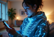 Jeune femme portant un vêtement lumineux connecté dans un salon moderne