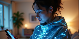 Jeune femme portant un vêtement lumineux connecté dans un salon moderne