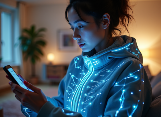 Jeune femme portant un vêtement lumineux connecté dans un salon moderne