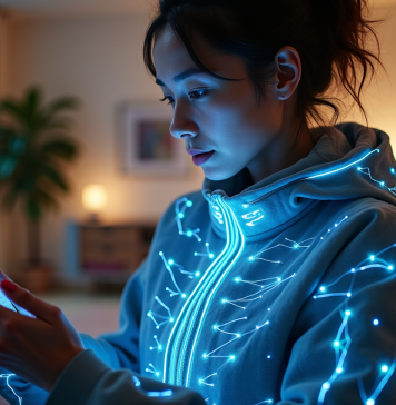 Jeune femme portant un vêtement lumineux connecté dans un salon moderne