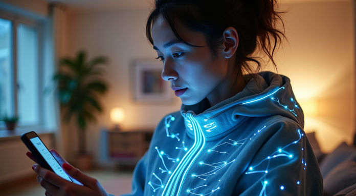 Jeune femme portant un vêtement lumineux connecté dans un salon moderne
