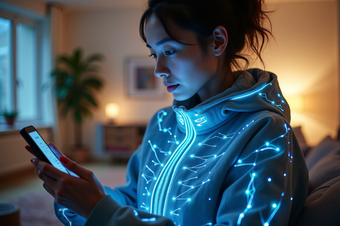 Jeune femme portant un vêtement lumineux connecté dans un salon moderne